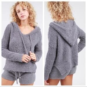 POL Fuzzy Soft Relaxed Fit V-Neck Sherpa Pullover Hoodie Gray Womens Size Large